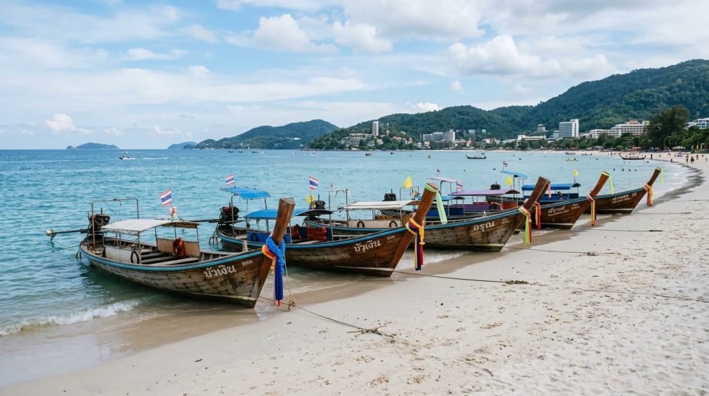 longtail boats resting on the white sand of Patong Beach, Phuket