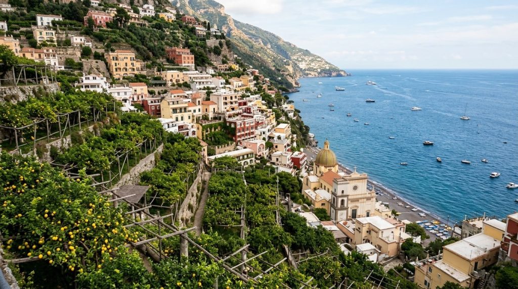 tiered lemon groves and pastel buildings above the sea in Positano