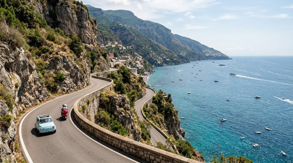 a narrow coastal road winding along cliffs above the sea