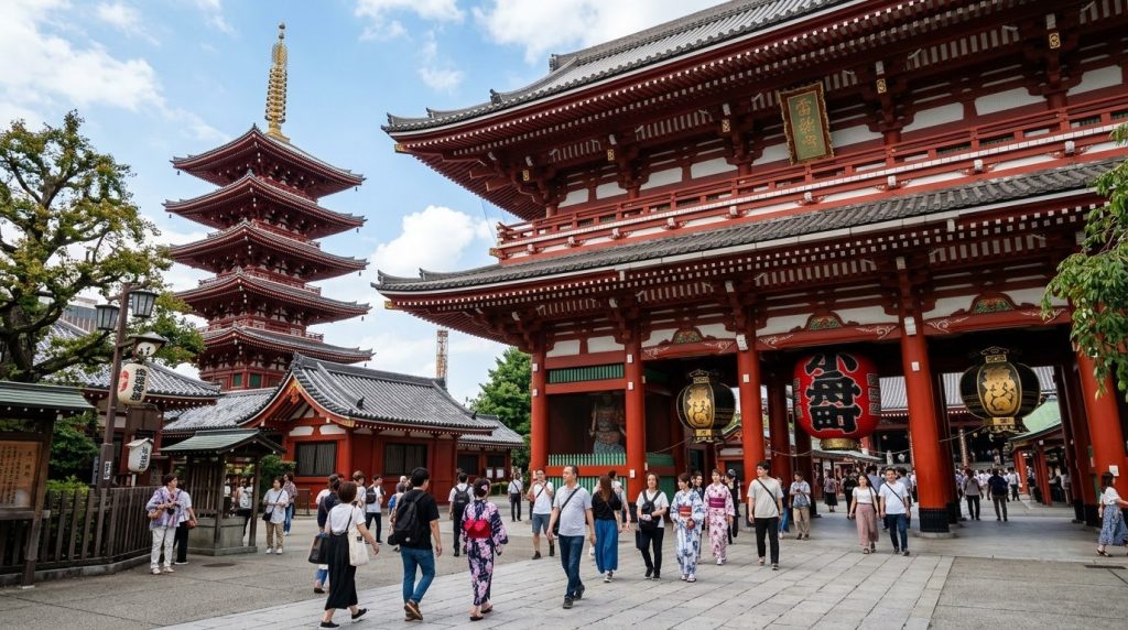 the red pagoda and lantern gate of Senso ji Temple in Asakusa, Tokyo