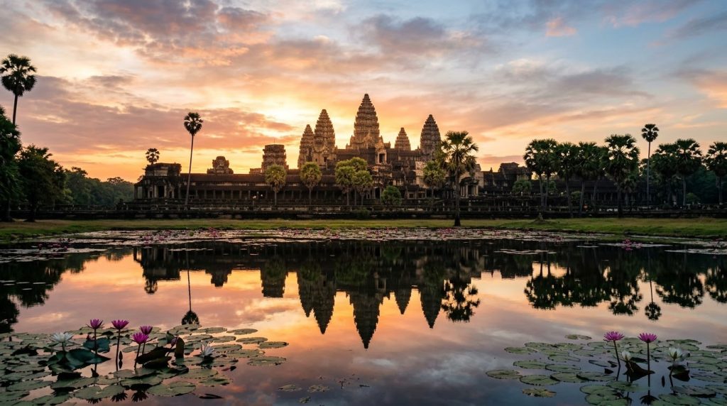 Angkor Wat's towers reflected in the lotus pond at sunrise