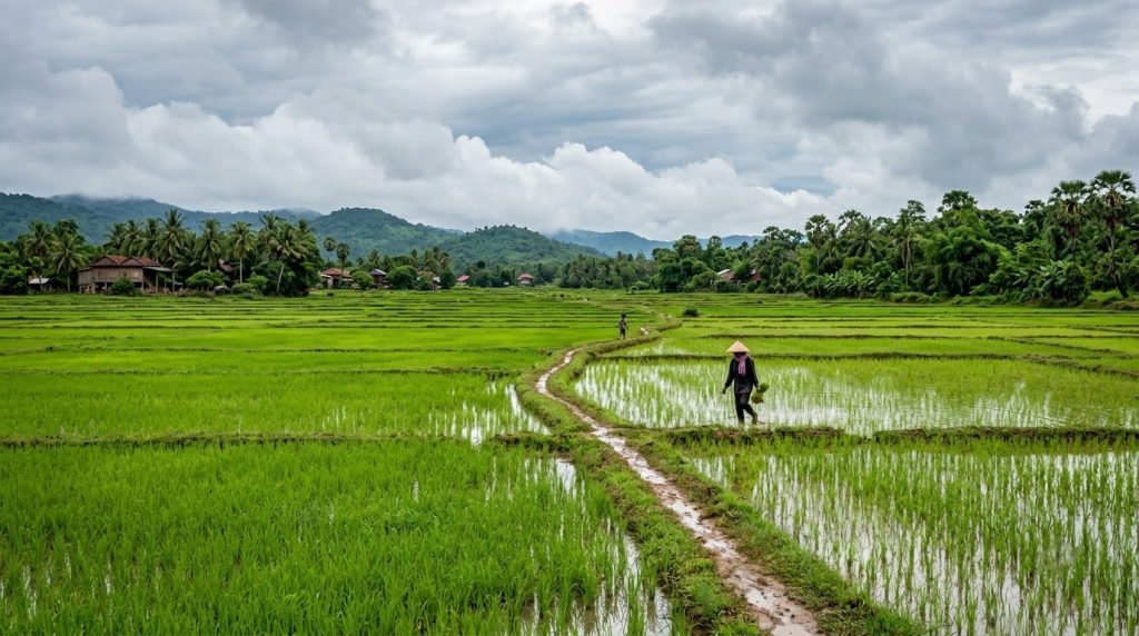 lush green rice fields under a cloudy sky near Siem Reap in the wet season