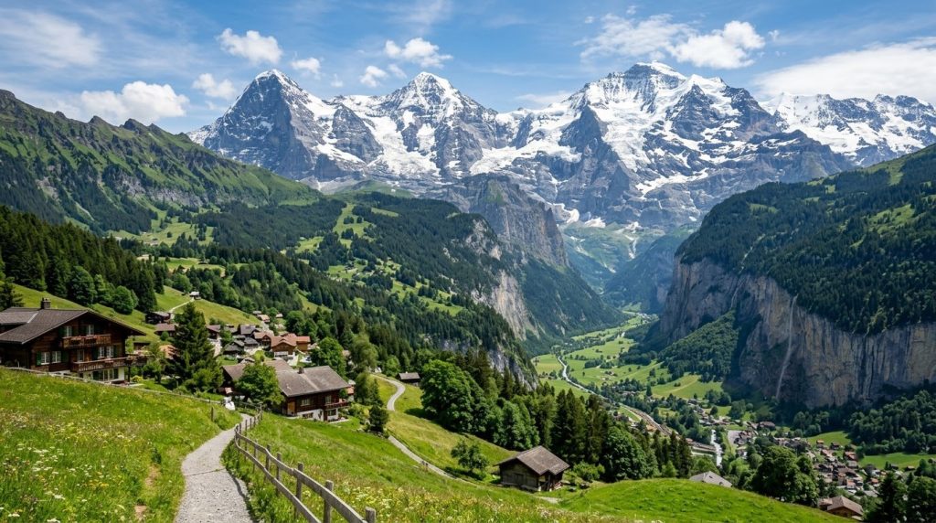 snow-capped Jungfrau peaks above a green valley near Interlaken