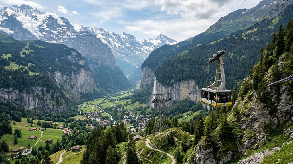a cable car ascending above a steep alpine valley near Lauterbrunnen