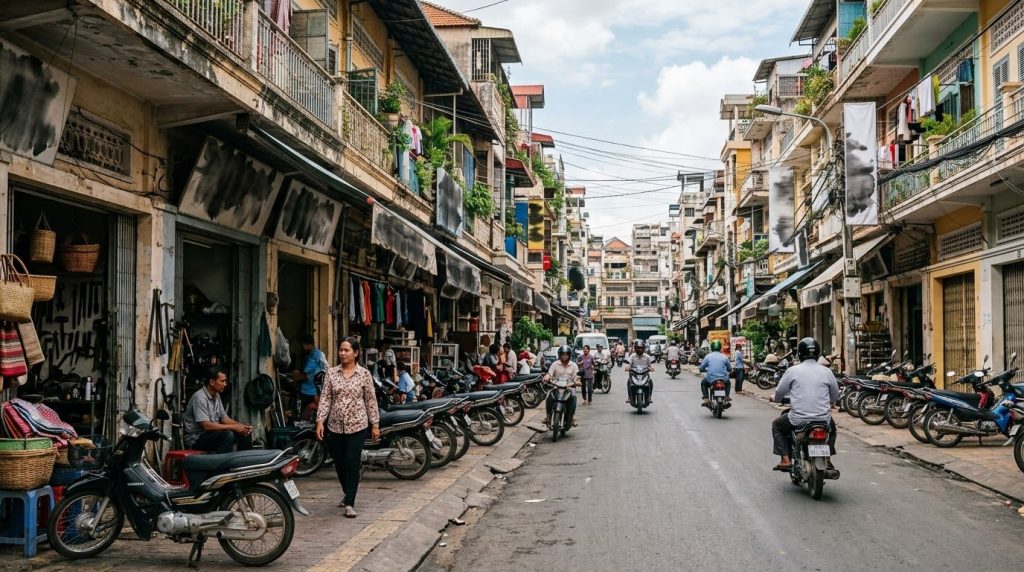 a calm street lined with shops and motorbikes in Phnom Penh