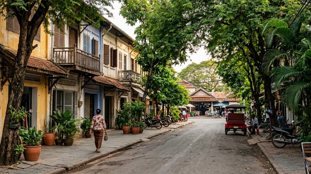 a quiet tree lined street near the old market in Siem Reap, Cambodia