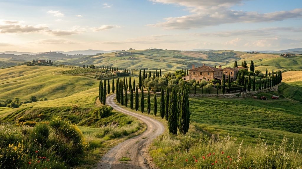 rolling cypress-lined hills and a farmhouse in Val d'Orcia, Tuscany