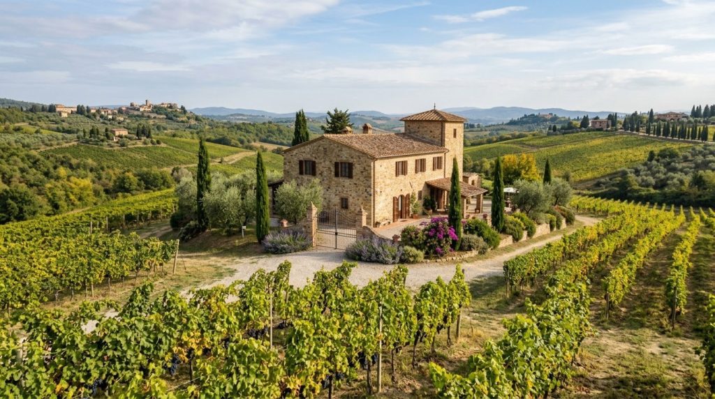 a stone farmhouse surrounded by vineyards in Tuscany's Chianti countryside