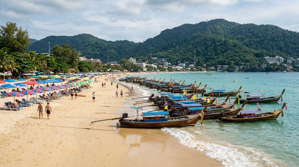 Patong Beach lined with longtail boats and umbrellas in Phuket