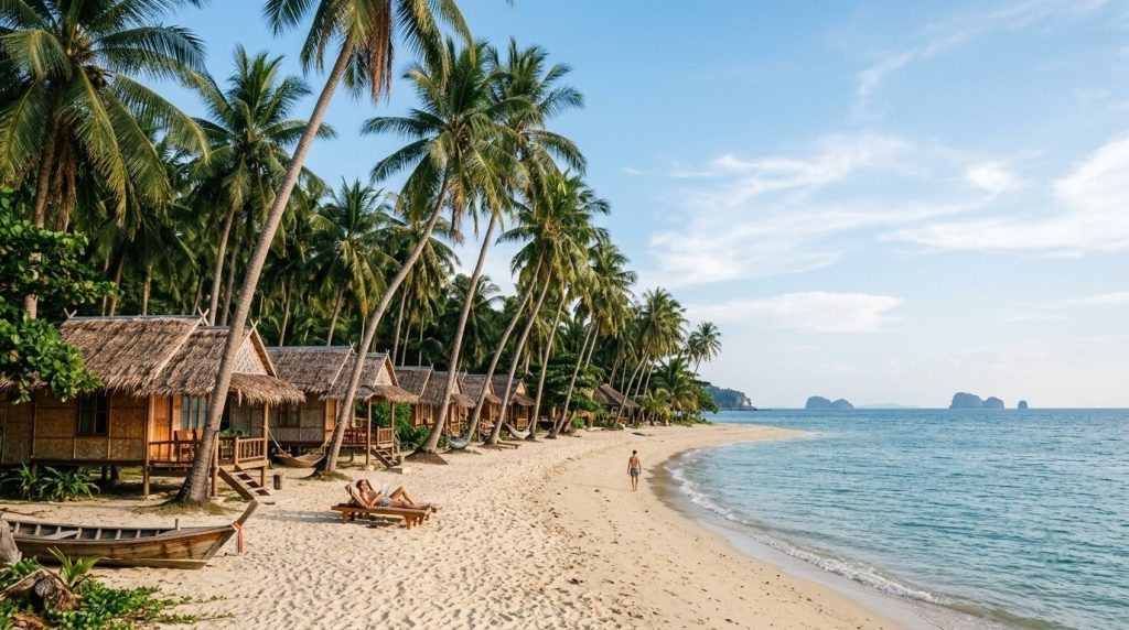 a quiet palm-lined beach with bungalows on Koh Samui