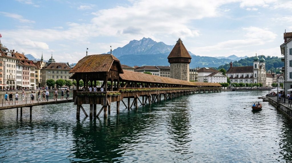 the wooden Chapel Bridge crossing the Reuss River in Lucerne