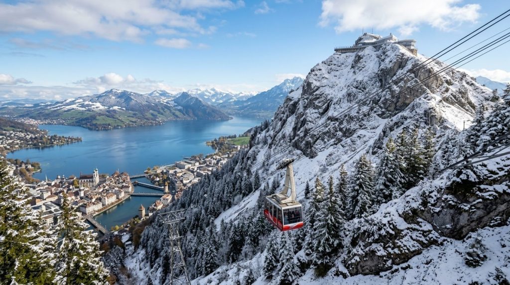 a cable car climbing toward a snow-dusted summit above Lucerne