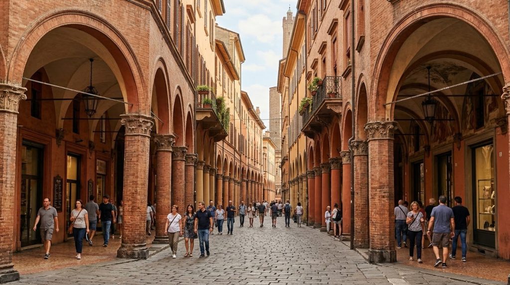 red brick porticoes lining a street in the historic center of Bologna