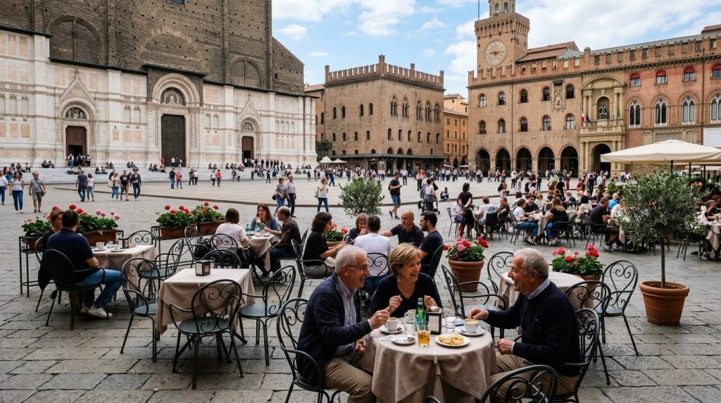 outdoor cafe tables in the Piazza Maggiore of Bologna, Italy