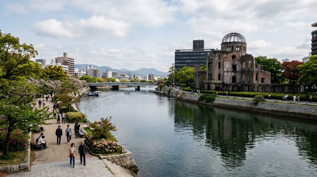 the skeletal dome of the Hiroshima Peace Memorial beside the river