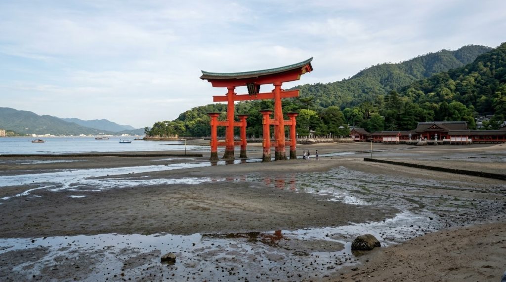the floating red torii gate at low tide off Miyajima island