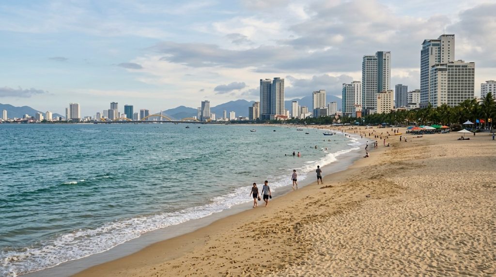 My Khe Beach's sandy shoreline with Da Nang's skyline behind it