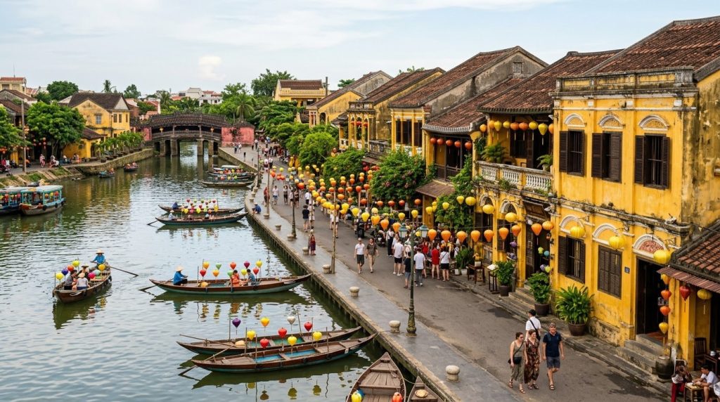 yellow lantern lined shophouses along the river in Hoi An's old town