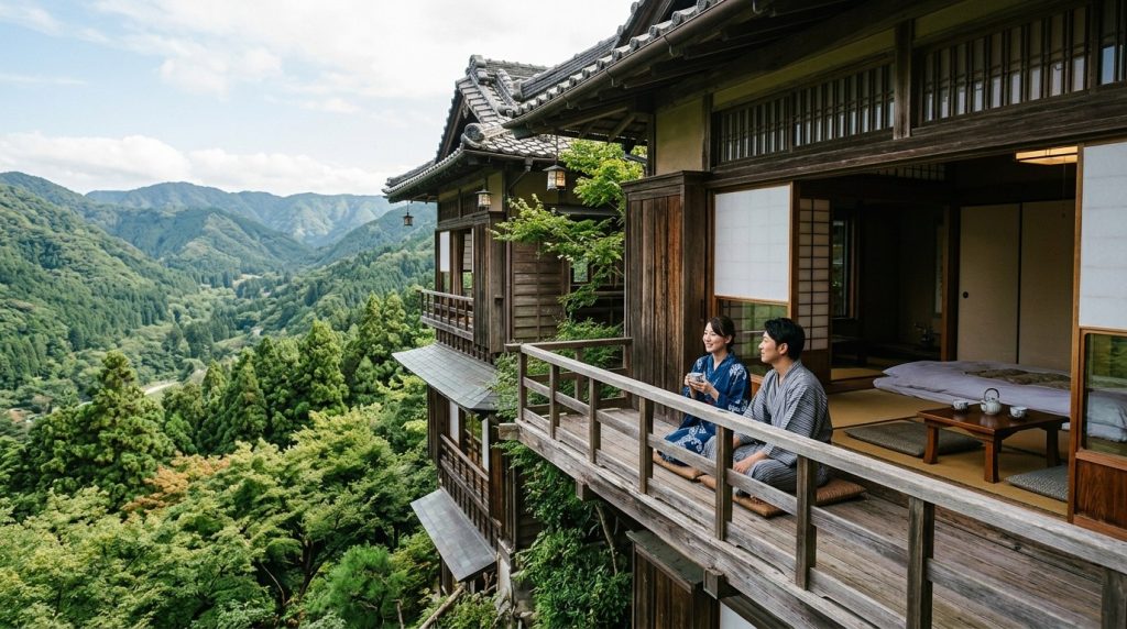 a traditional ryokan with a wooden balcony overlooking a forested valley in Hakone