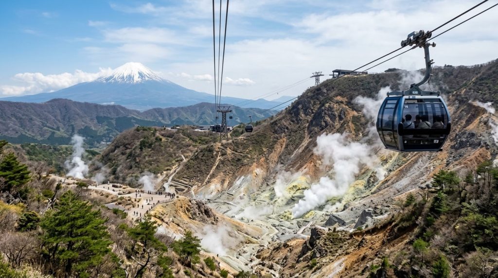 a gondola on the Hakone Ropeway crossing above Owakudani volcanic valley
