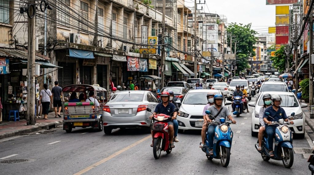 motorbikes and cars moving through an ordinary street in Bangkok