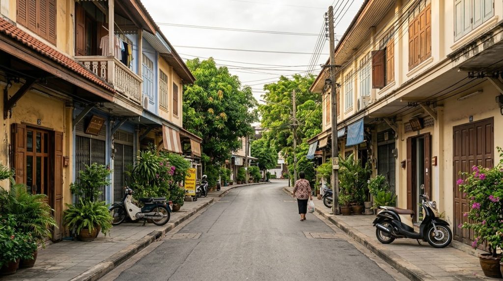 a quiet residential street with shophouses in a Bangkok neighborhood