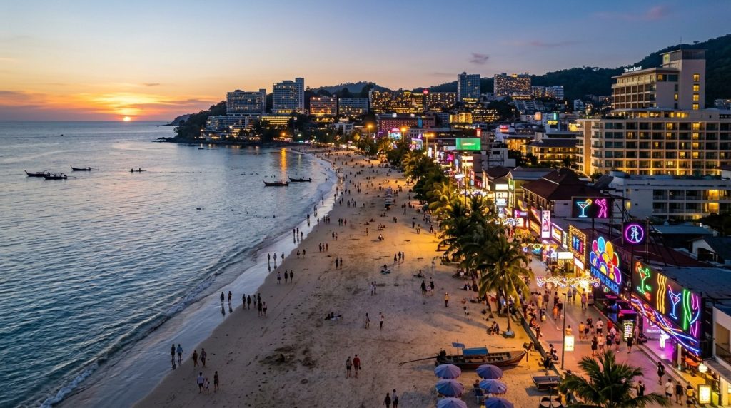 Patong Beach lined with resorts and nightlife signs in Phuket at evening