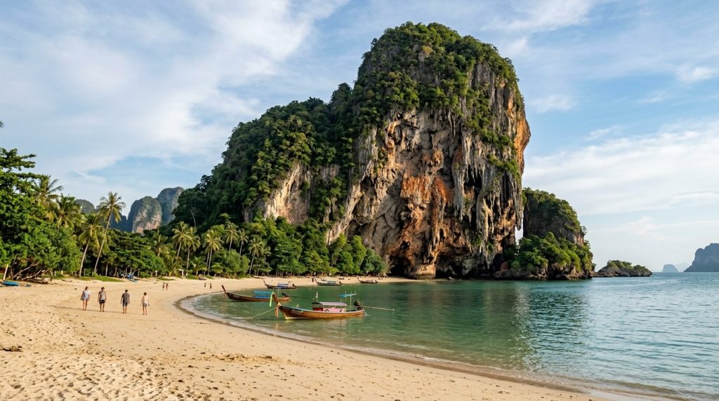a limestone karst cliff rising beside a quiet beach at Railay, Krabi