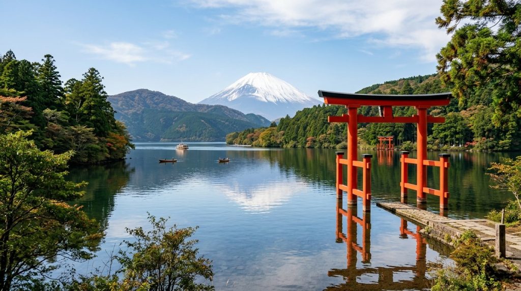 Mount Fuji reflected on Lake Ashi with a red torii gate in Hakone