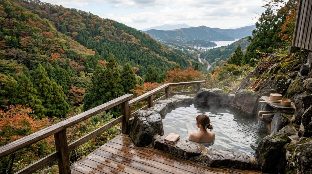 an outdoor onsen bath overlooking a forested hillside in Hakone