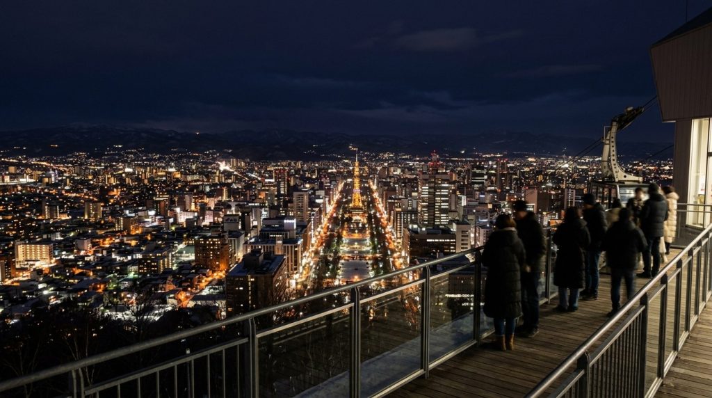 city lights viewed from the Mount Moiwa ropeway platform in Sapporo