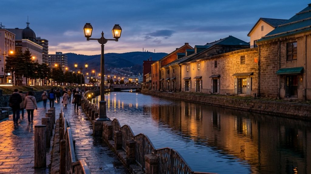 gas lamps lining the historic canal in Otaru near Sapporo at dusk
