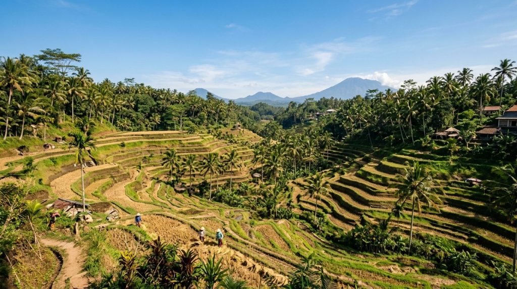 rice terraces under a clear sky near Ubud, Bali, in the dry season