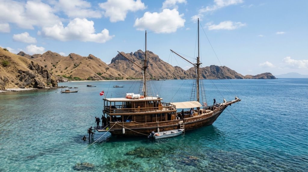 a wooden dive boat anchored off a small island in Komodo National Park