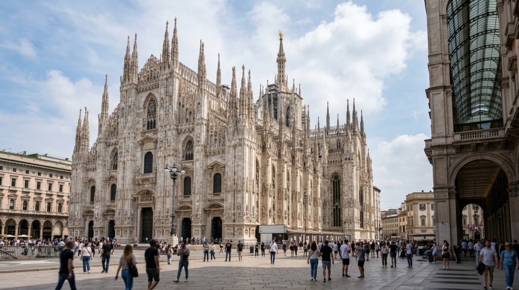 the Gothic spires of Milan Cathedral above the Piazza del Duomo