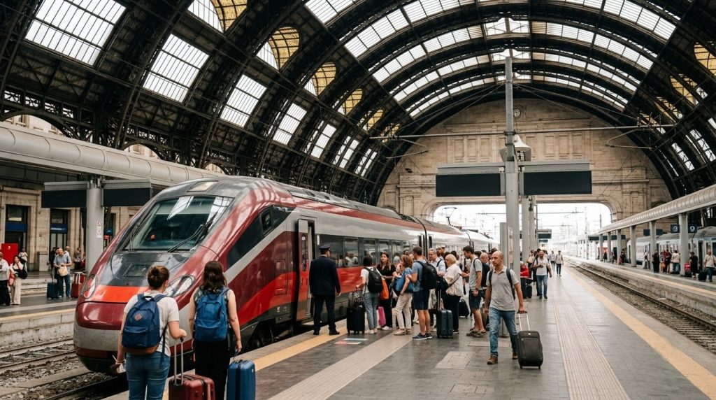 a high-speed train at a platform inside Milano Centrale station