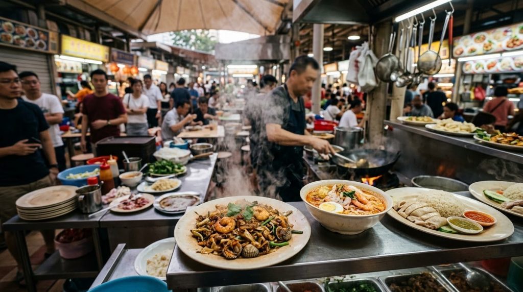 steaming plates of food at a bustling hawker centre in Singapore