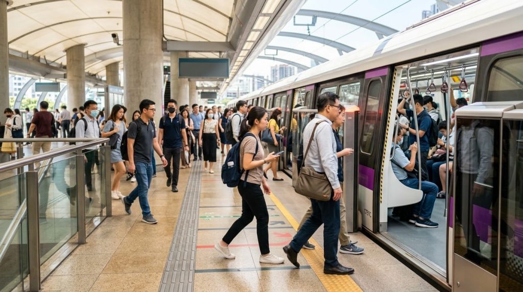 commuters boarding a clean MRT train at a Singapore subway station