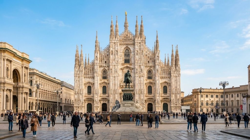 Piazza del Duomo and the cathedral facade under a clear spring sky in Milan