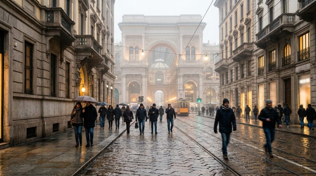 a foggy street near the Galleria Vittorio Emanuele II in Milan in winter