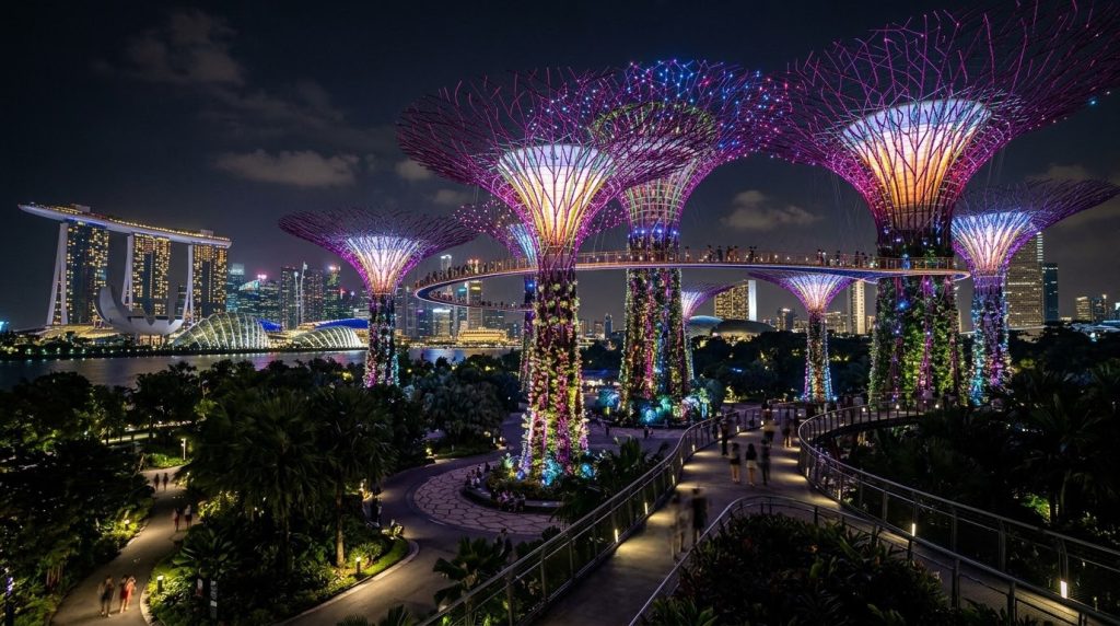 illuminated Supertree structures at Gardens by the Bay at night