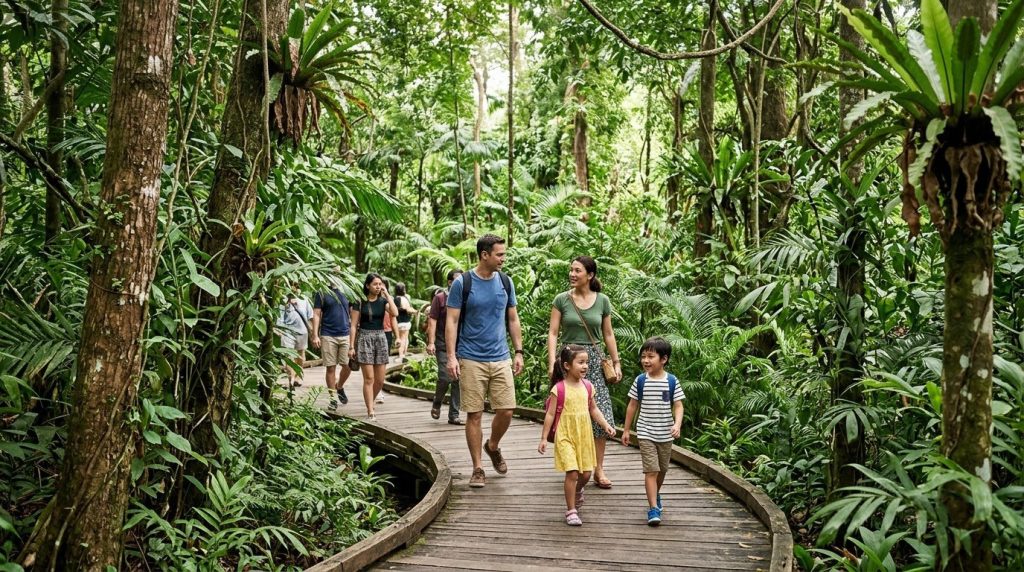 visitors walking a path inside the Singapore Zoo's rainforest habitat