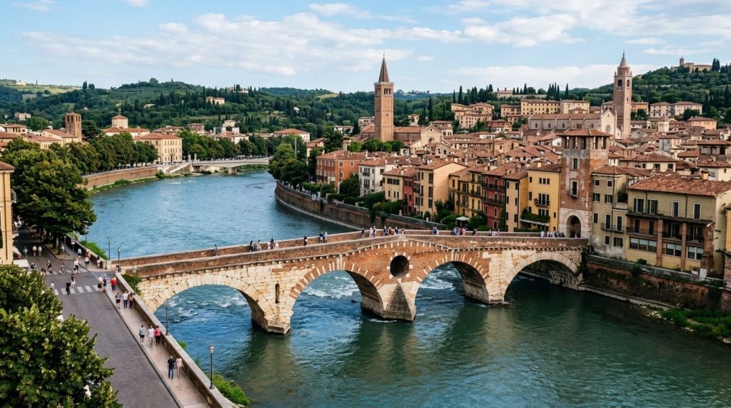 a stone bridge crossing the Adige River beside Verona's old town