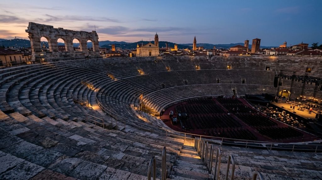 rows of stone seating inside the open-air arena at dusk in Verona
