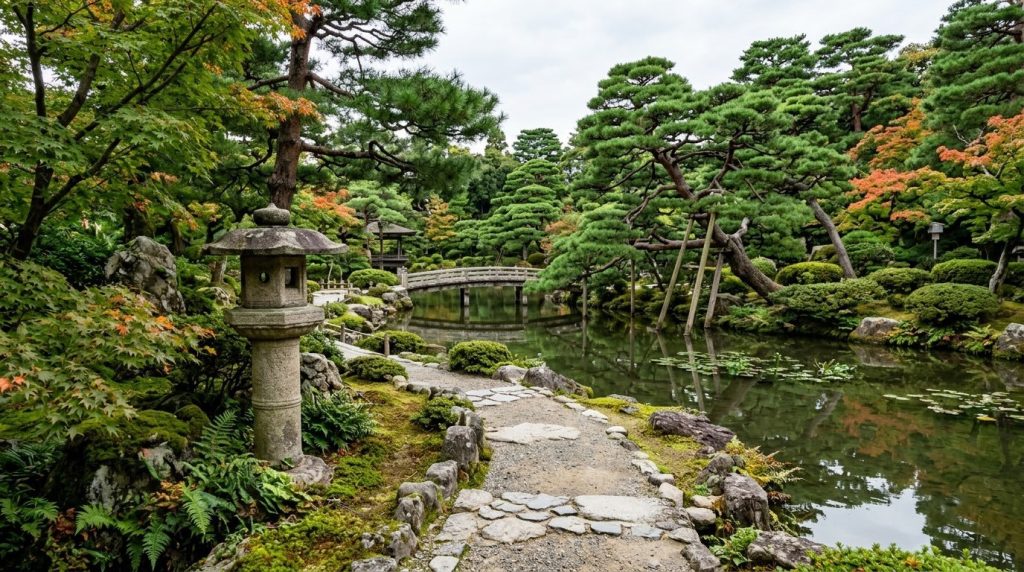 a traditional garden with a stone lantern and pine trees at Kenrokuen, Kanazawa