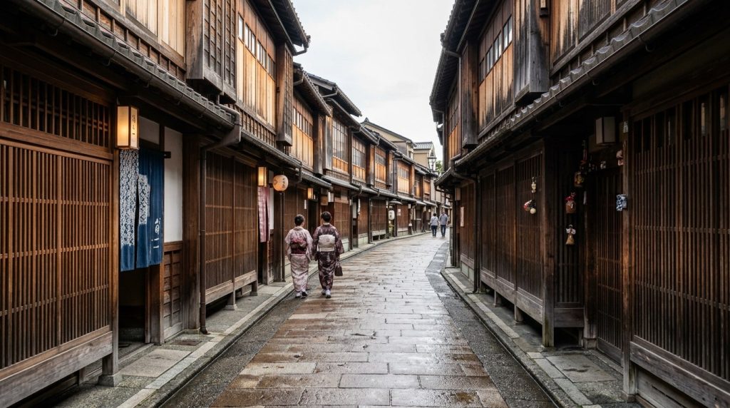 wooden lattice facades of old merchant houses in Kanazawa's Higashi Chaya district