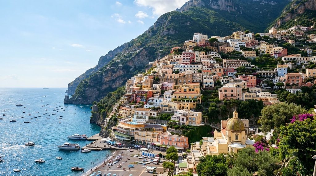 pastel houses cascading down the cliffside above the sea in Positano