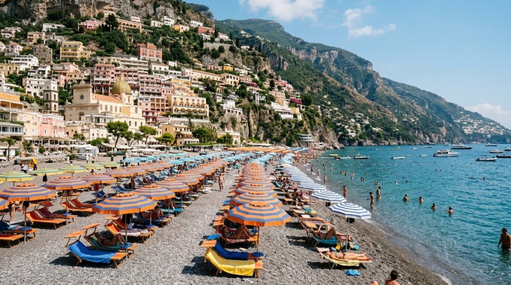 umbrellas and sunbeds on the pebble beach below Positano's cliffs