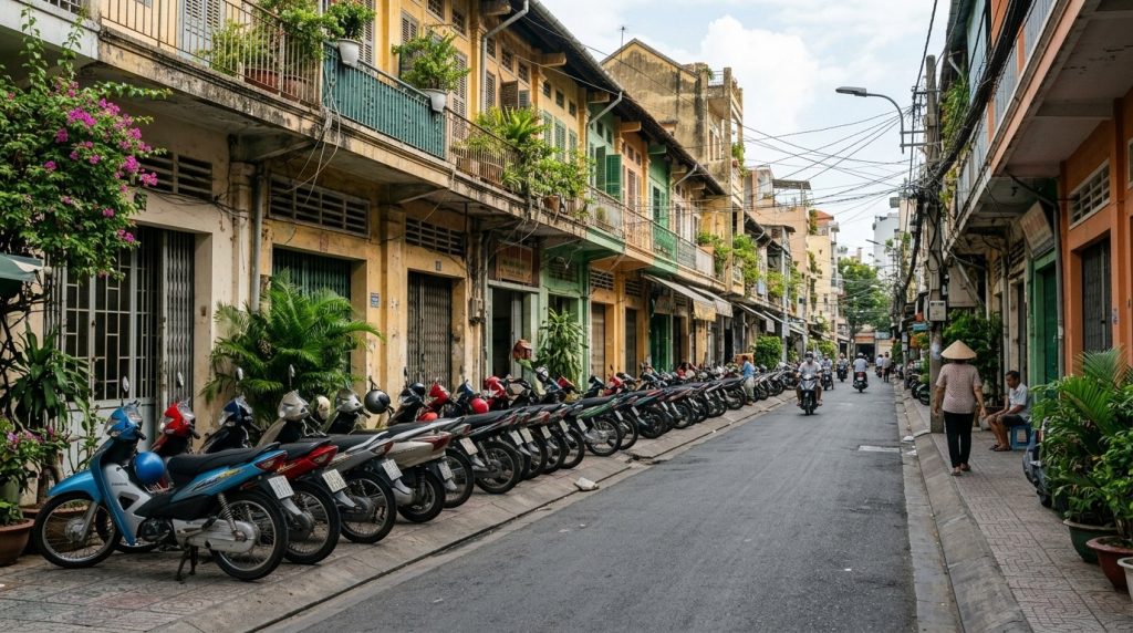 a calm street with parked motorbikes in District 1, Ho Chi Minh City