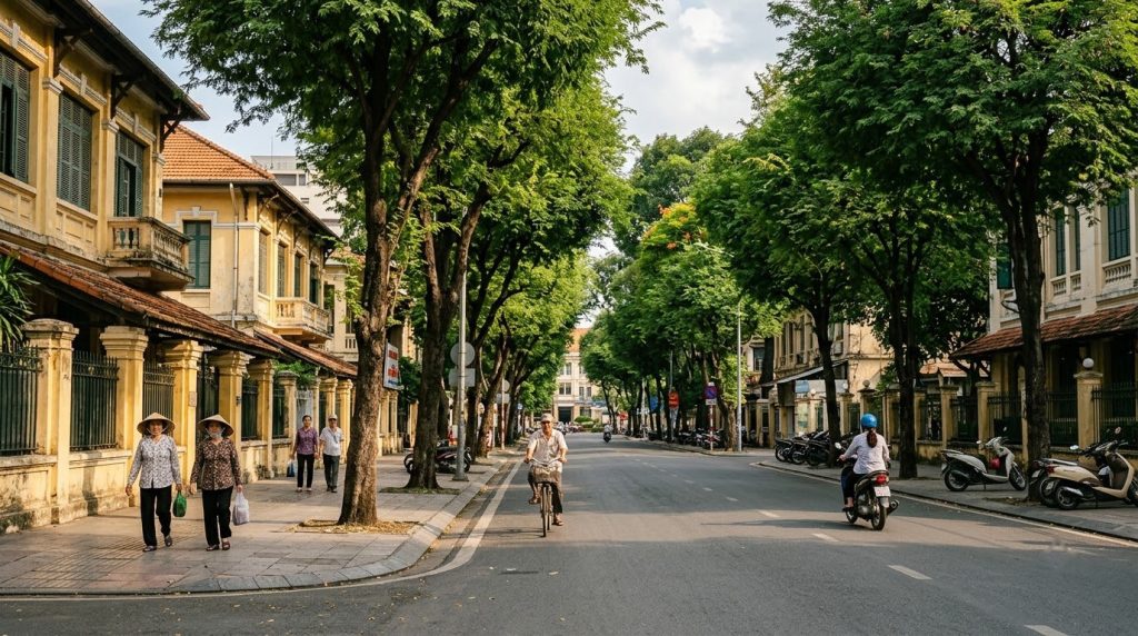 a quiet tree lined boulevard in District 3, Ho Chi Minh City